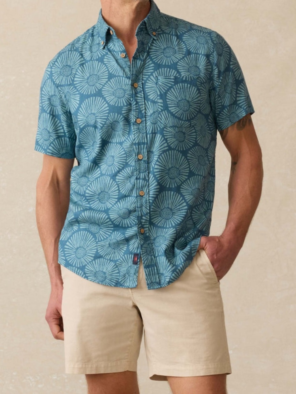 FAHERTY Short-Sleeve Breeze Shirt Linen Blend Stormy Sea Floral Blue Men’s XL